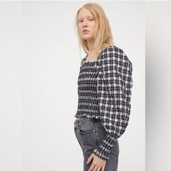 H&M Smocked Blouse Gingham Long Sleeve Crop Top - Picture 4 of 15
